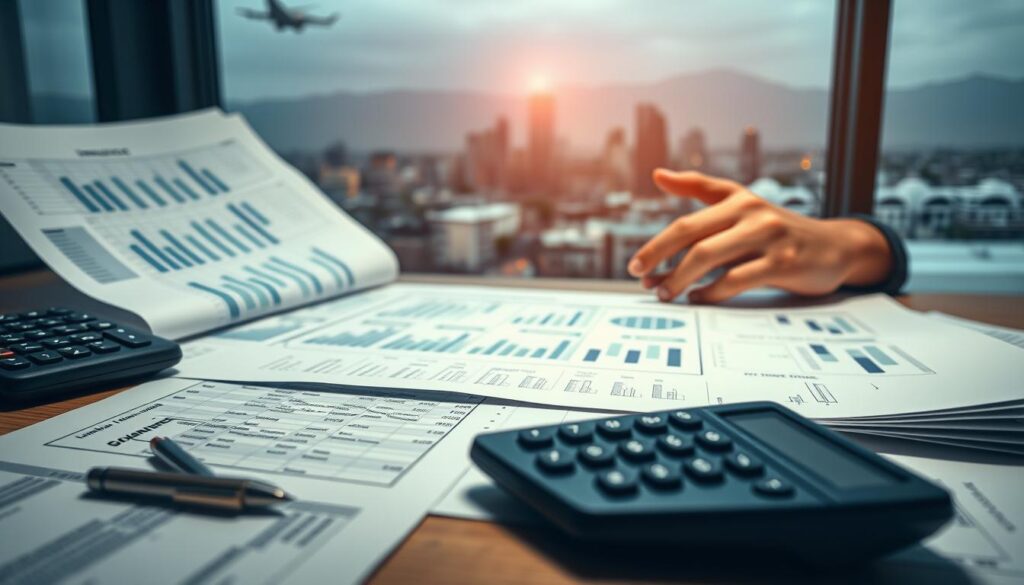Um plano de planejamento financeiro se desdobra, mostrando etapas estratégicas em direção à liberdade econômica. Em primeiro plano, uma mesa com uma planilha meticulosamente organizada, calculadora e documentos financeiros. O meio termo apresenta um par de mãos examinando cuidadosamente as opções de investimento. O fundo ostenta um horizonte urbano, simbolizando a visão de longo prazo da independência financeira. A iluminação sutil lança um brilho contemplativo, enquanto uma estética limpa e minimalista transmite uma sensação de controle e clareza. Capture a essência de uma estratégia financeira abrangente, guiando o espectador em direção aos seus objetivos de empoderamento econômico.