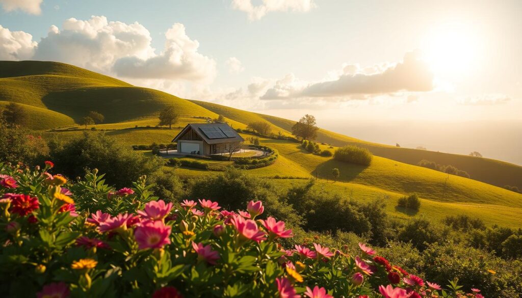 Uma paisagem serena e ensolarada, com colinas ondulantes e vegetação exuberante, transmite uma sensação de tranquilidade e abundância. Em primeiro plano, um jardim exuberante transborda de flores vibrantes, simbolizando o crescimento e a prosperidade associados à independência financeira. No plano central, uma casa moderna e energeticamente eficiente, aninhada em meio à natureza, com seu design elegante e painéis solares refletindo um estilo de vida sustentável e autossuficiente. O fundo apresenta um horizonte distante, onde os raios dourados do sol rompem nuvens brancas e fofas, iluminando a cena com um brilho caloroso e esperançoso. A composição geral evoca uma sensação de harmonia, equilíbrio e a conquista de um futuro tranquilo e financeiramente seguro.